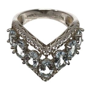 JTV Aquamarine Chevron Ring Women’s Size 6 White Zircons Rhodium Over 925 Silver